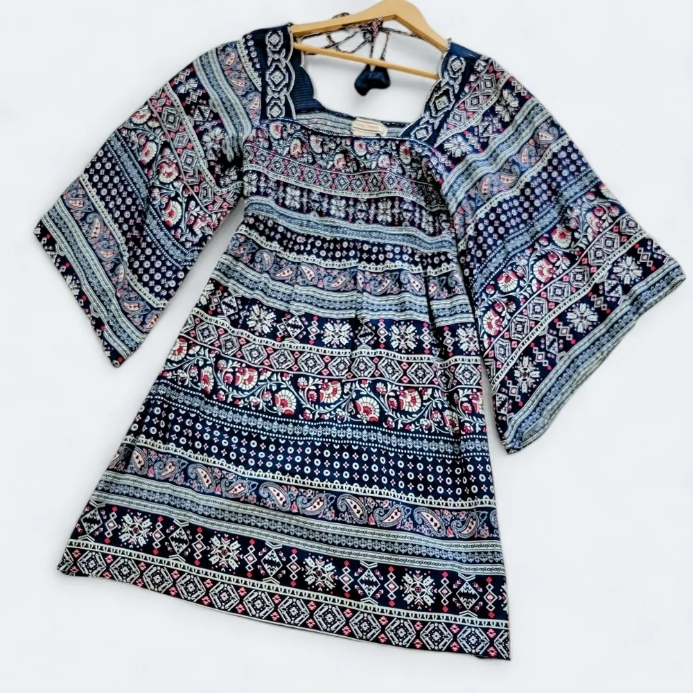 Flying Tomato Bohemian Smocked Dress Size Small Bell Sleeves Patterned Tassels